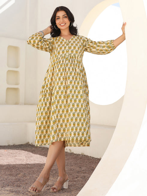 Cream Pure Cotton Floral Printed A-line Maternity Dress